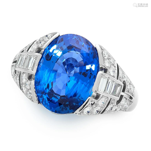 A CEYLON NO HEAT SAPPHIRE AND DIAMOND RING in platinum,