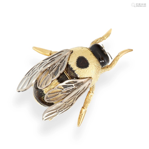 AN ENAMEL EN TREMBLANT BEE BROOCH in high carat yellow