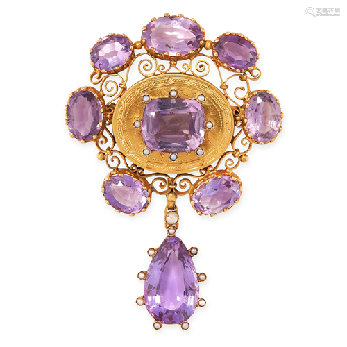 AN ANTIQUE AMETHYST AND PEARL BROOCH in yellow gold,