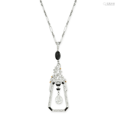 AN ART DECO DIAMOND AND ONYX PENDANT AND CHAIN, EARLY