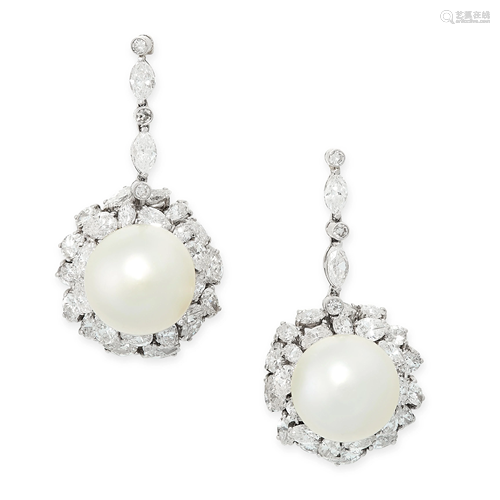 A PAIR OF PEARL AND DIAMOND EARRINGS in 18ct white