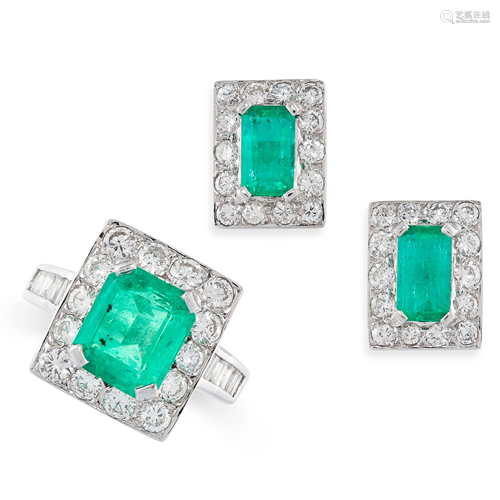 A COLOMBIAN EMERALD AND DIAMOND RING AND EARRINGS SU…