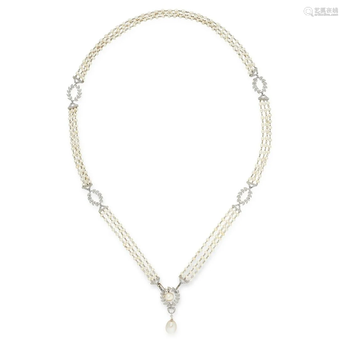 A BELLE EPOQUE NATURAL PEARL AND DIAMOND SAUTOIR