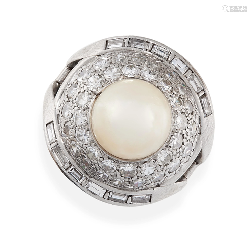 A PEARL AND DIAMOND COCKTAIL RING in platinum, set with