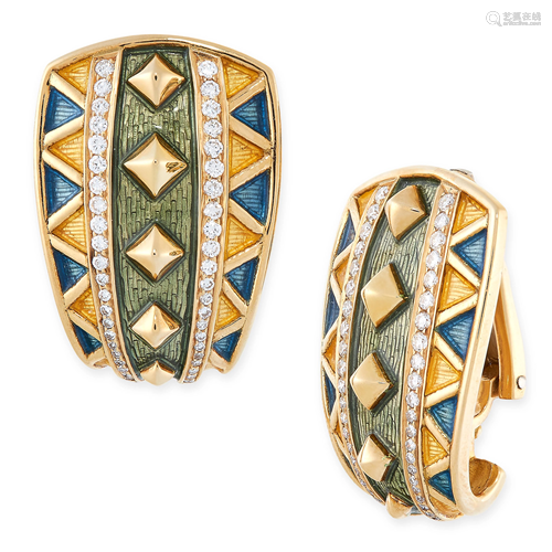 A PAIR OF ENAMEL AND DIAMOND CLIP EARRINGS, LEO DE