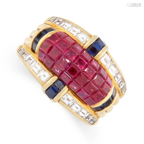 A VINTAGE RUBY, SAPPHIRE AND DIAMOND COCKTAIL RING,