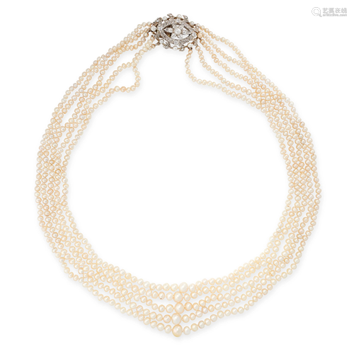 A NATURAL PEARL AND DIAMOND NECKLACE in yellow gold…