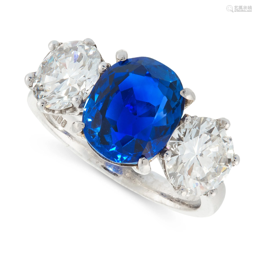 A BURMA NO HEAT SAPPHIRE AND DIAMOND RING in platinum,