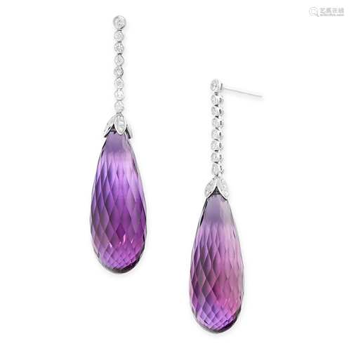 A PAIR OF AMETHYST AND DIAMOND EARRINGS each set with a