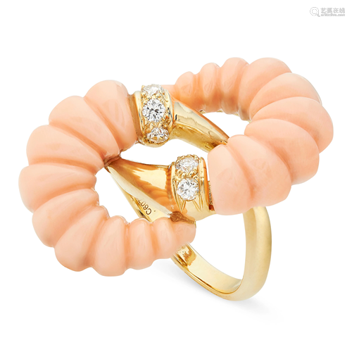 A VINTAGE CORAL AND DIAMOND RING, VAN CLEEF & ARPE…