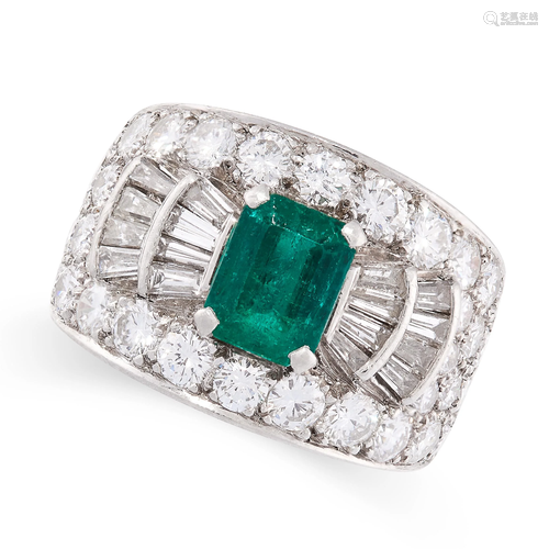 AN EMERALD AND DIAMOND RING, BULGARI in platinum, set