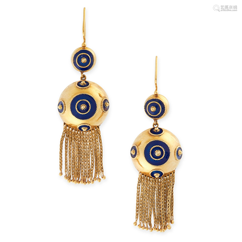 A PAIR OF ENAMEL TASSEL EARRINGS in high carat yellow