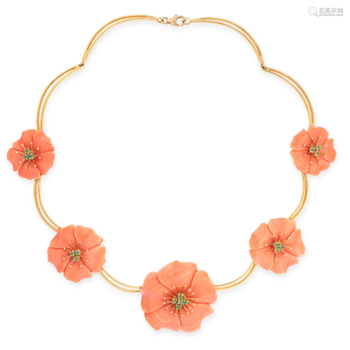 A CORAL AND EMERALD NECKLACE in 18ct yellow gold,
