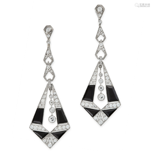 A PAIR OF ONYX AND DIAMOND EARRINGS each of pendent