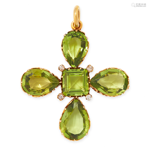 A PERIDOT AND DIAMOND CROSS PENDANT in yellow gold, set