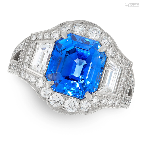 A FINE CEYLON NO HEAT SAPPHIRE AND DIAMOND RING in