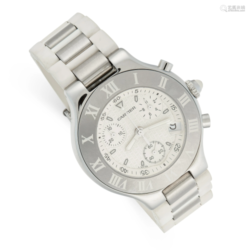 A LADIES CHRONOGRAPH 21 WRIST WATCH, CARTIER in steel,