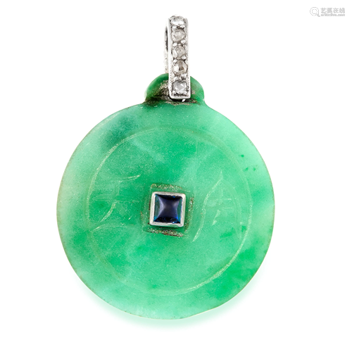 AN ART DECO NATURAL JADEITE JADE, SAPPHIRE AND DIAM…