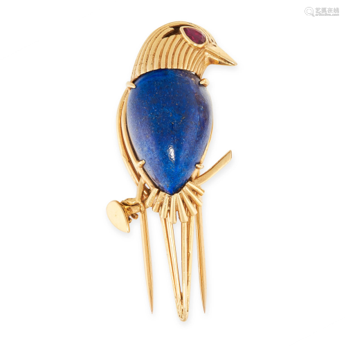 A VINTAGE LAPIS LAZULI AND RUBY BIRD BROOCH, CARTIER in