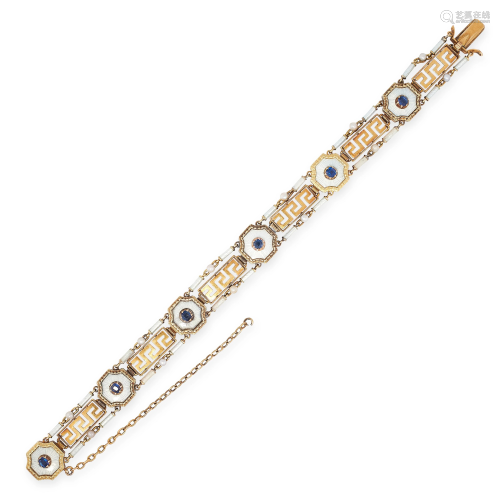 AN ANTIQUE SAPPHIRE, PEARL AND ENAMEL BRACELET, EARLY