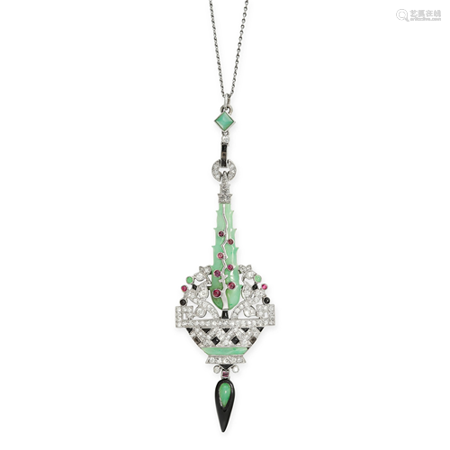 AN EXQUISITE ART DECO JADEITE, RUBY, ONYX, DIAMOND AND