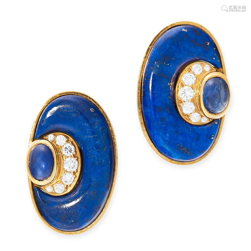 A PAIR OF VINTAGE LAPIS LAZULI, SAPPHIRE AND DIAMOND