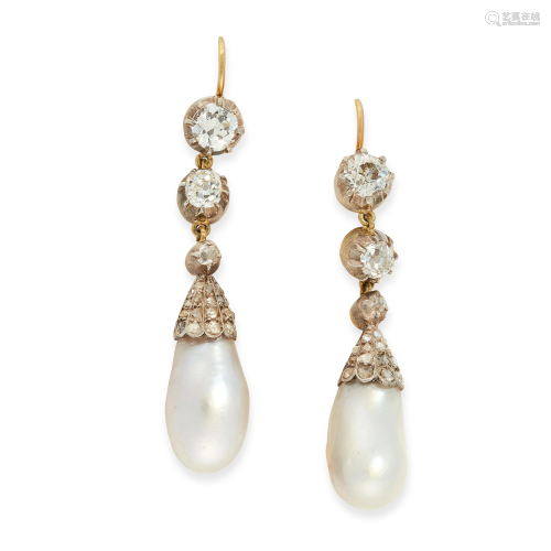 PAIR OF ANTIQUE NATURAL PEARL AND DIAMOND EARRINGS in