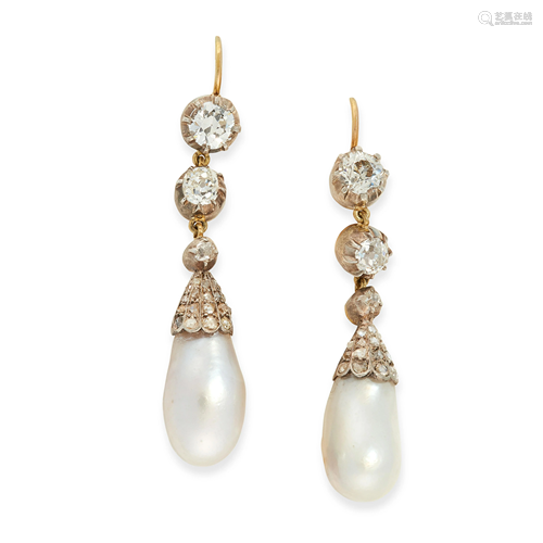 PAIR OF ANTIQUE NATURAL PEARL AND DIAMOND EARRINGS in