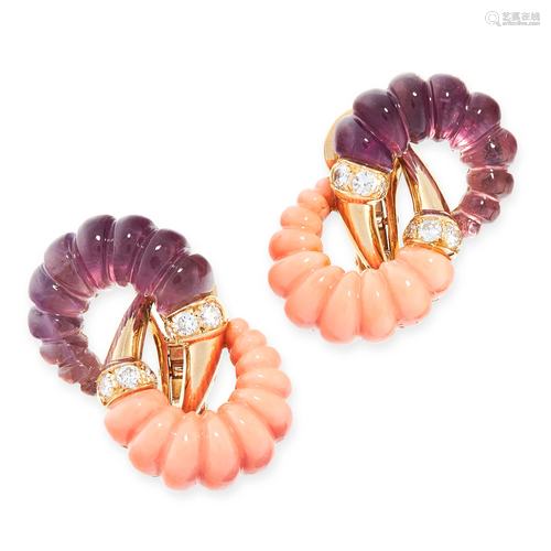 A PAIR OF VINTAGE CORAL, AMETHYST AND DIAMOND EARRIN…