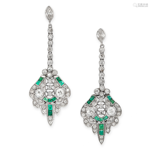 A PAIR OF EMERALD AND DIAMOND EARRINGS in platinum, the