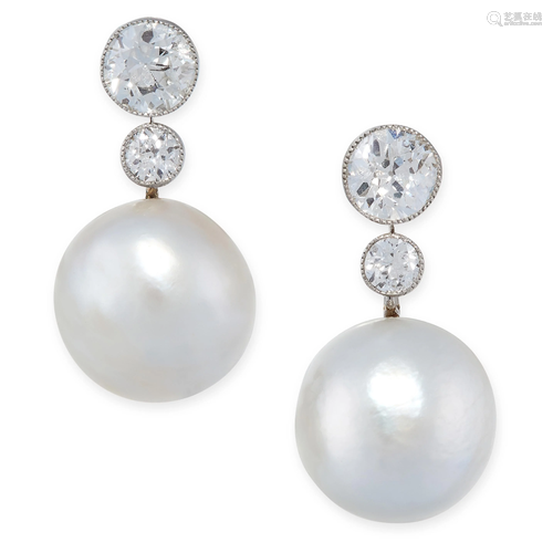 A LARGE PAIR OF NATURAL PEARL AND DIAMOND EARRINGS each