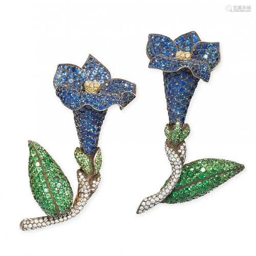 A PAIR OF TSAVORITE GARNET, SAPPHIRE AND DIAMOND FLOWER