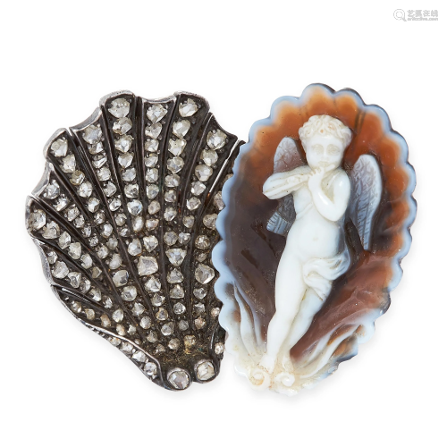 AN ANTIQUE BANDED AGATE CAMEO AND DIAMOND BROOCH, …