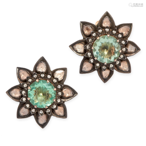 A PAIR OF DIAMOND AND GREEN FLUORITE CLIP EARRINGS in