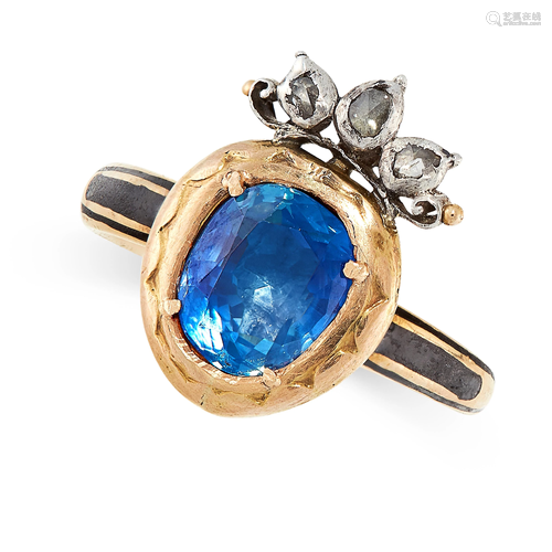 AN ANTIQUE KASHMIR SAPPHIRE, DIAMOND AND ENAMEL