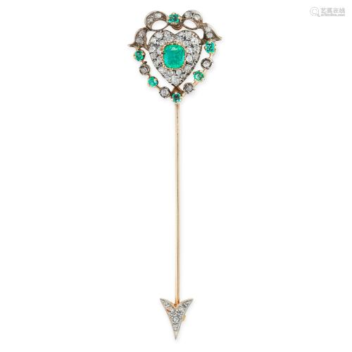 AN ANTIQUE EMERALD AND DIAMOND JABOT PIN BROOCH, LATE