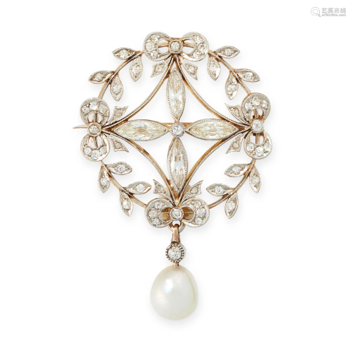 A BELLE EPOQUE NATURAL PEARL AND DIAMOND BROOCH, CI…