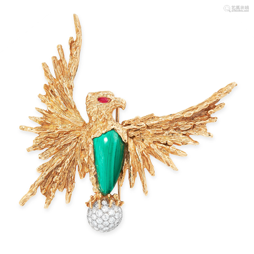 A VINTAGE MALACHITE, DIAMOND AND RUBY BROOCH, PIE…