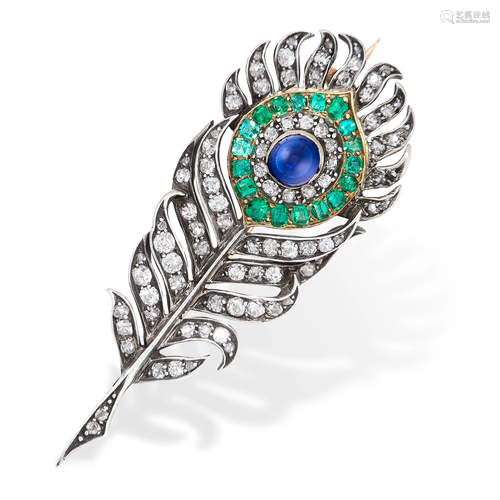 A FINE ANTIQUE SAPPHIRE, EMERALD AND DIAMOND PEACOCK