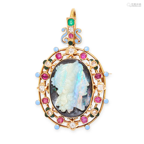 AN ANTIQUE JEWELLED OPAL CAMEO PENDANT / BROOCH, ATTR