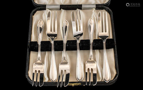 Box of ( 6 ) Silver Cake Forks, In Original Box, With Full H...