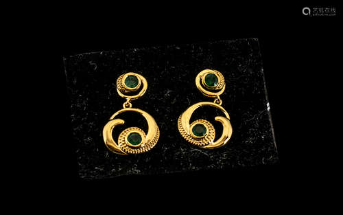 Emerald 'Wave and Circle' Drop Earrings, each earring compri...