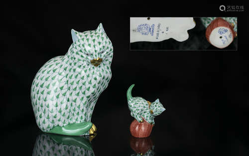 Herend - Hungary Hand Painted Porcelain Cat Figure, No 5383-...