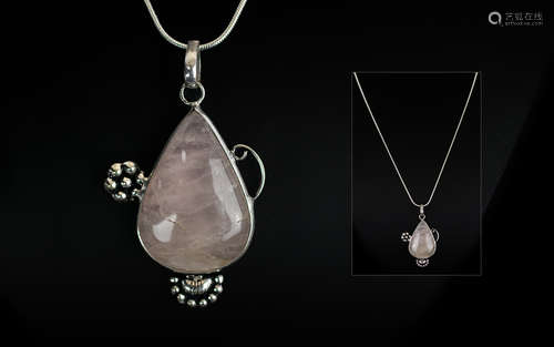 Rose Quartz and Silver Pendant Suspended on Silver Chain. Ro...