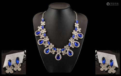 Sapphire Blue and White Crystal Collar Necklace and Earrings...