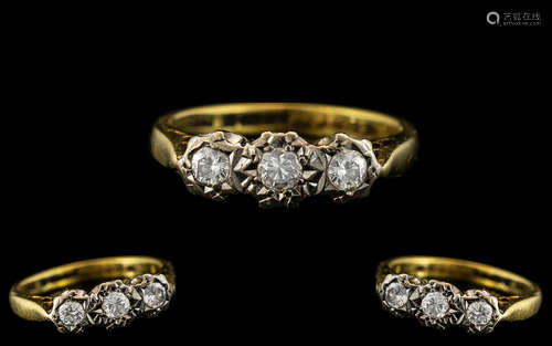 18ct Gold Illusion Set 3 Stone Diamond Set Ring. Full Hallma...