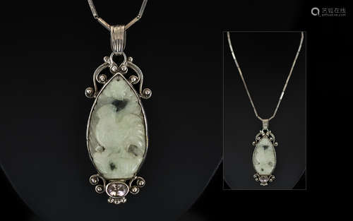 Antique Period Chinese Carved Jade Pendant Attached to a Ste...