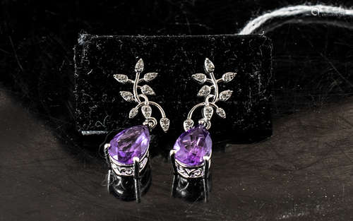 Amethyst and Diamond Drop Earrings, two solitaire pear cut a...