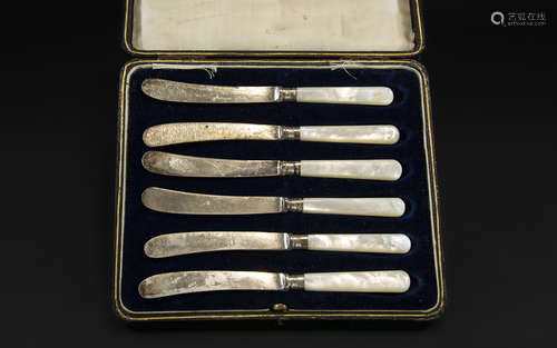 Boxed Set of Six Mother of Pearl Handled Fruit Knives with s...