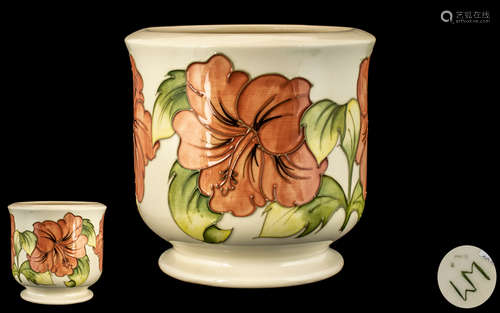 Moorcroft Tubelined Small Jardiniere ' Coral Hibiscus ' on C...